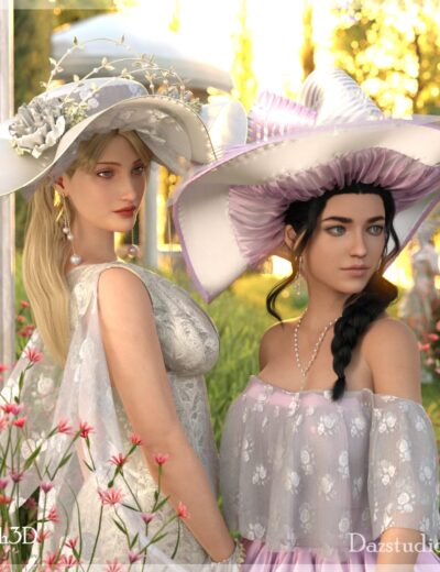 Elegant women wearing elaborate 3D-daz3d asset floral hats, soft pastel dresses, and jewelry, set in a vibrant garden scene with flowers and sunlight, showcasing high-quality 3D character assets for detailed renders.