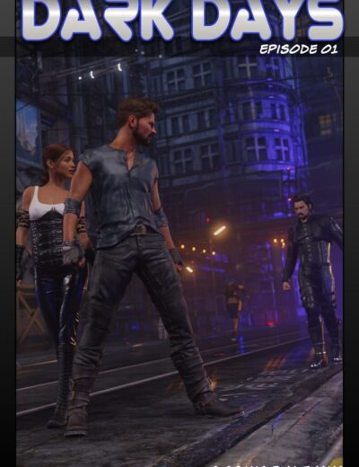 Dark Days Episode 01 3D character models, futuristic cityscape background, cyberpunk aesthetic, high-detail sci-fi assets for Daz3D, urban dystopian scene, cyber warrior characters, render by Lexana.