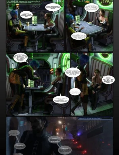 Galaxy far far away, futuristic spaceship interior, detailed characters discussing space cargo and security, neon green accents, sci-fi environment, high-quality 3D assets from Daz3D, immersive space scene.