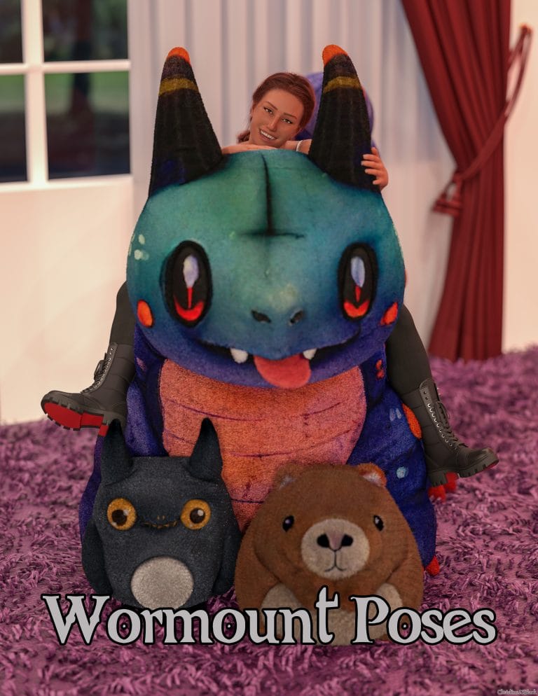 Fluffy dragon plush toy with girl in a cozy room, featuring colorful textures and detailed design, perfect for 3D asset collection, ideal for Daz3D creations and digital art projects.