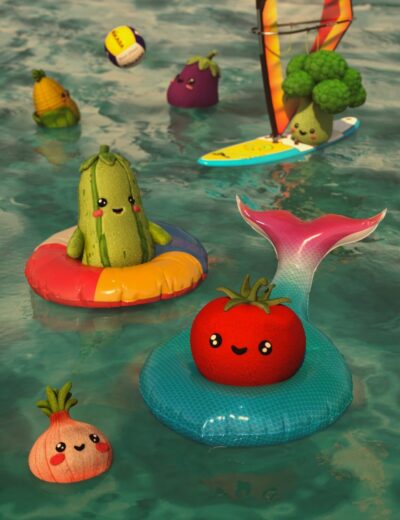 Cute animated vegetable and fruit characters relaxing on the water with pool floats and a sailboat, emphasizing high-quality Daz3D assets for 3D rendering and animation projects.
