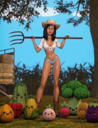 A smiling 3D female character in a farm scene holding a pitchfork, surrounded by cute, anthropomorphic vegetables with happy faces, set outdoors with trees and clear sky, showcasing high-quality Daz3D assets.