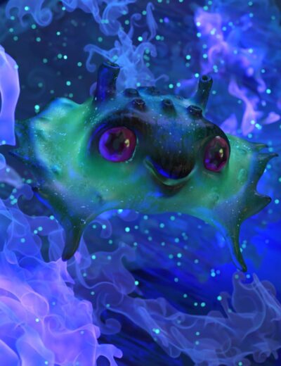 A bioluminescent deep-sea creature with glowing eyes and spiky body, surrounded by vibrant blue and purple glowing underwater flora, shot in 3D render style.
