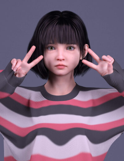 3D character girl with short black hair making a peace sign in a striped sweater, realistic digital art, high-quality Daz3D assets, perfect for 3D character models and renders.