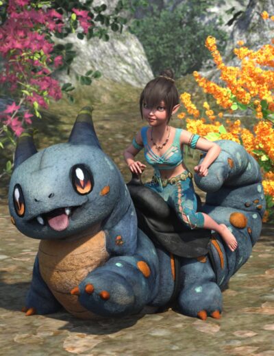 Cute 3D character riding a fantasy creature, vibrant nature background, detailed character design, high-quality Daz3D assets, fantasy scene illustration for 3D art lovers.