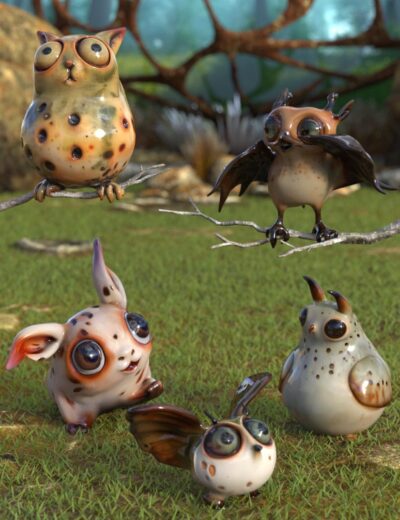 3D animal characters with a whimsical, glossy finish, showcasing detailed textures and expressive eyes, ideal for creative projects and digital art in Daz3D.