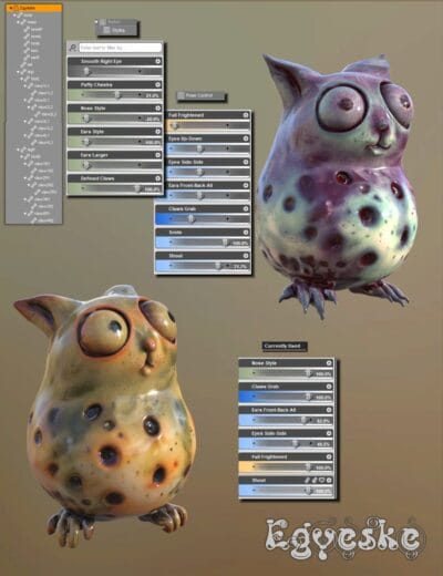 Colorful 3D-rendered owl characters showcasing detailed textures, vibrant colors, and unique settings in Daz3D assets for digital art and animation projects.