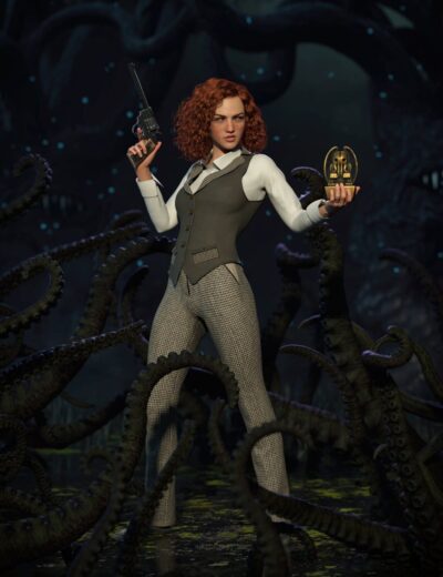 Intricate 3D rendered female character in vintage-style outfit holding a gun and an artifact, surrounded by tentacle-like creatures in a dark, mysterious environment. High-quality Daz3D asset visualization.