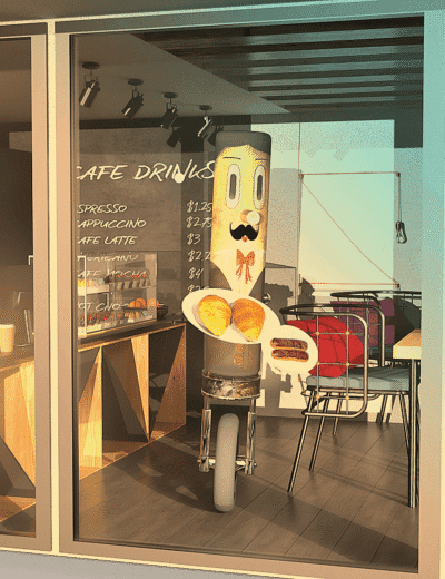 3D bakery cart with food items and animated character, high-quality 3D assets for Daz3D, realistic cafe scene, detailed models for creative projects, perfect for concept art or visual storytelling.