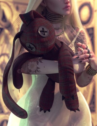 Plaid stuffed toy cat held by a woman with tattoos, jewelry, and dark nail polish, showcasing high-quality 3D assets for Daz3D renders and digital art projects.