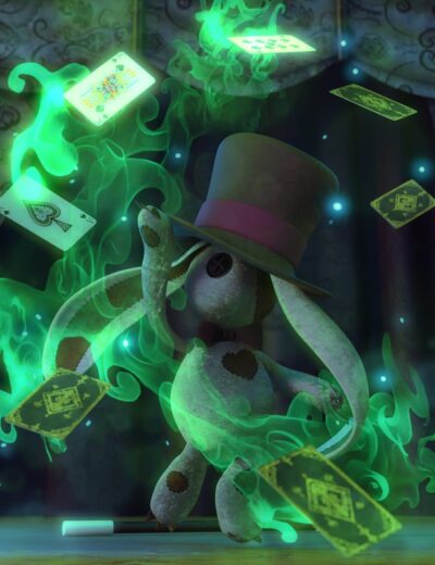 Glowing green magic with playing cards and a stuffed rabbit wearing a top hat, creating a mystical, surreal scene perfect for 3D assets showcasing fantasy or Halloween themes.