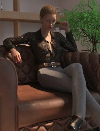 3D character model in a modern interior setting, showcasing detailed fashion assets, realistic textures, and lighting, ideal for 3D art projects, character design, and digital rendering.
