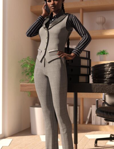Business professional woman in grey suit for office work on 3d model, Daz3D asset, high-quality 3D character for realistic business scenes, Corporate Fixer software-compatible model, Genesis 8/8.1 platform, office background.