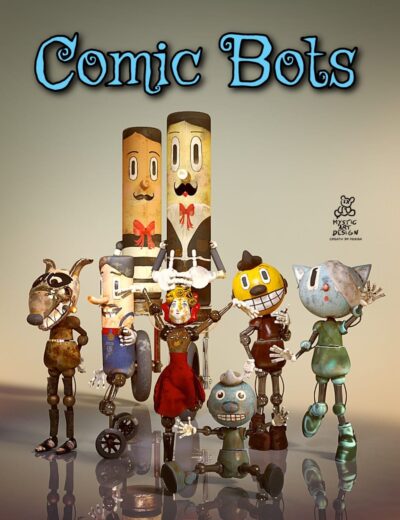 Playful vintage-style comic bot characters in colorful retro 3D animation, creatively designed for Daz3D assets showcasing whimsical robot figures and stylized cartoon robots.