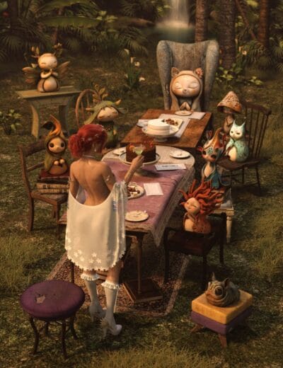 Whimsical outdoor fairy-tale scene with fantasy creatures and a woman enjoying a cake, featuring detailed 3D models and lush forest background, perfect for Daz3D asset showcase.