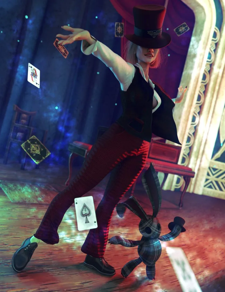 Vibrant 3D digital illustration of a mysterious woman in a magician's outfit, surrounded by floating playing cards and a plush bunny, set in a lavish, ornate circus or stage environment, emphasizing high-quality 3D assets for creative projects.