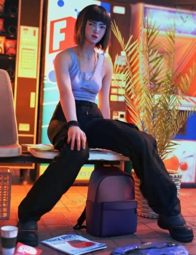 3D digital art of a young woman sitting on a bench in a vibrant, neon-lit urban setting with colorful signs and plants, showcasing high-quality 3D assets and realistic textures.