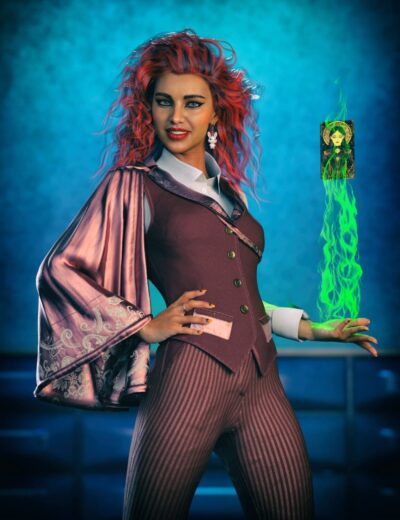 High-quality 3D woman with vibrant red curly hair wearing stylish vintage-inspired outfit, holding a floating digital tarot card with green flames against a textured blue background.