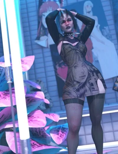 A statue of a woman with a dark, gothic style, wearing a black sheer dress with anime character prints, black stockings, and devil horns, amid neon lights and manga posters at a sci-fi themed exhibit.