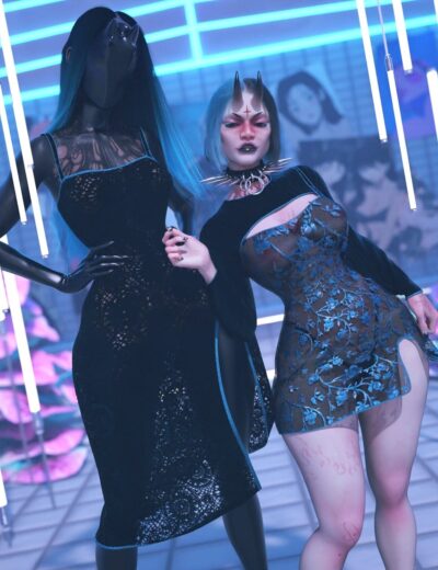 Black lace dress on mannequin and goth fashion model with horns and makeup in futuristic neon-lit setting, showcasing dark fantasy and alternative fashion accessories.