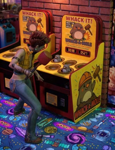 Whack-a-mole arcade game with a colorful cartoon design, featuring a character hitting moles on a vibrant gaming floor.