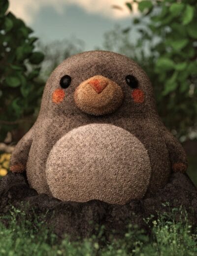 3D plush toy penguin sitting on a tree stump with green foliage in the background, showcasing detailed Daz3D asset modeling, textures, and realistic textures for high-quality 3D character creation.