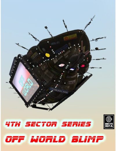 High-quality 3D Daz3D asset of a futuristic off-world blimp with detailed signage and flashing lights, perfect for sci-fi scenes and digital art projects.