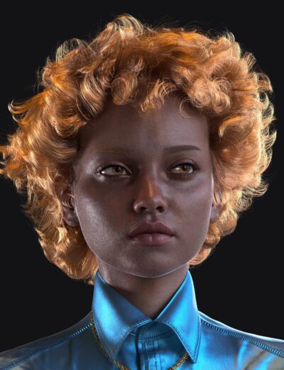 Vibrant 3D female character head shot with detailed skin texture, curly blonde hair, and realistic facial features for Daz3D assets, perfect for digital art and 3D modeling projects.
