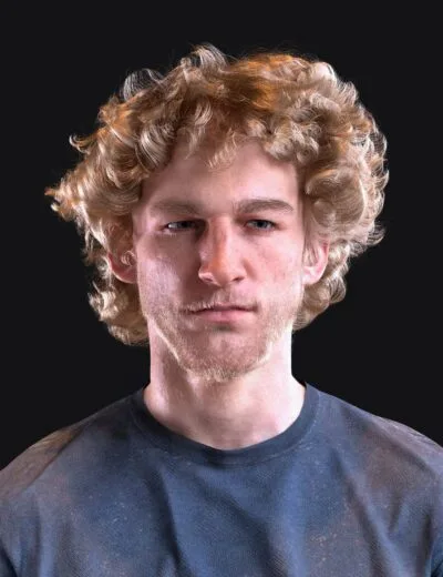 Vibrant 3D rendered portrait of a young man with curly blonde hair, detailed skin textures, realistic facial features, and subtle lighting effects demonstrating high-quality Daz3D assets.