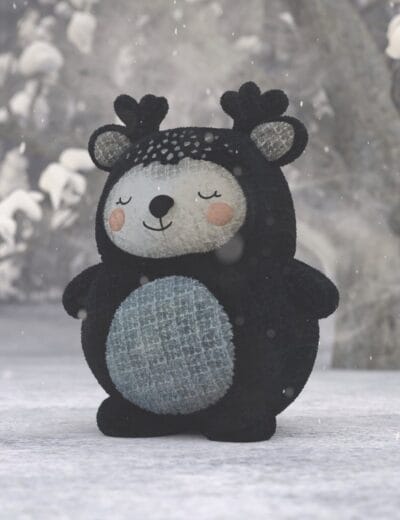 Cute plush reindeer toy in snowy winter scene, soft fabric texture, adorable face, and festive holiday decoration, perfect for winter decor and children's plush toys.