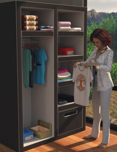Bright modern wardrobe with neatly organized clothing and accessories, perfect for 3D visualization, showcasing high-quality Daz3D assets for realistic interior designs.