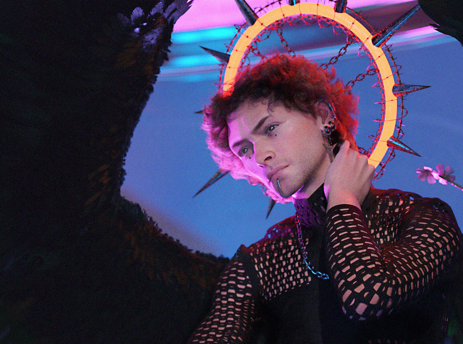 Futuristic portrait of an ethereal rebel with neon halo and cyberpunk-inspired style.