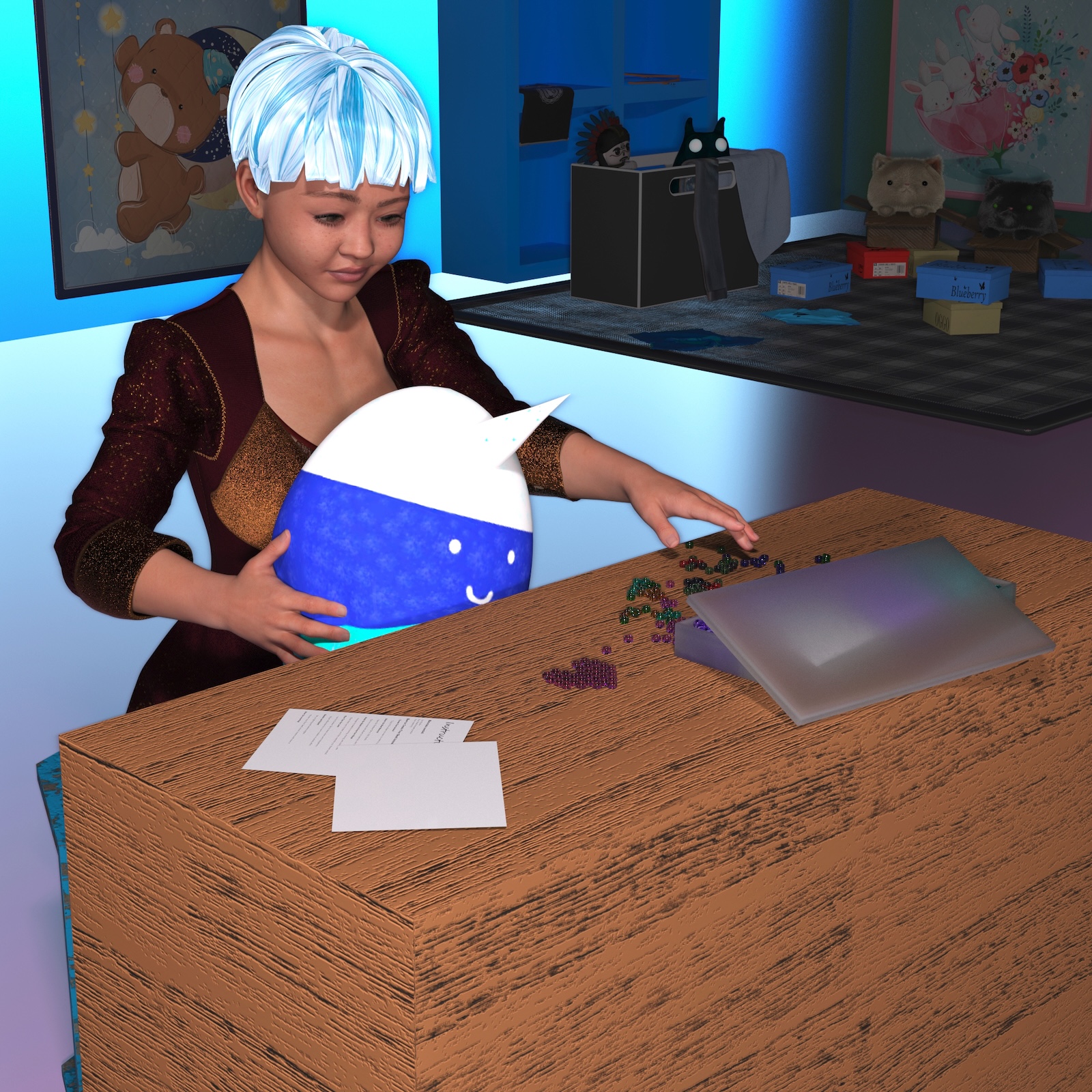 Woman with blue hair crafting with plush toys, beads, and puzzles in a cozy, whimsical setting.