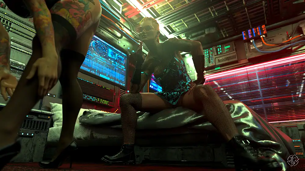 Futuristic cyberpunk scene with neon lights, stylish woman, and edgy digital environment.