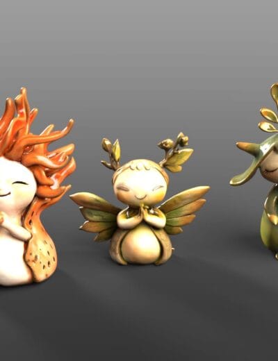 Cute fantasy collectible figurines with happy faces, inspired by nature themes, suitable for 3D renders and artistic projects. Perfect for use in digital art, animation, and game design.
