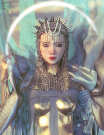 Elegant fantasy character wearing an intricate metal crown and jewelry, with detailed armor and flowing fabric, set against a dreamy, luminous background. Perfect for 3D Daz3D assets and digital art projects.