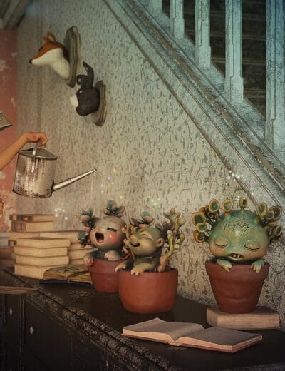 3D computer-generated fantasy scene of a young girl watering adorable, whimsical plant creatures in an enchanted, vintage-style interior with textured wallpaper and animal head wall mounts.