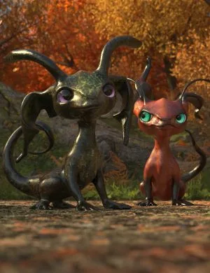 Unique fantasy creature models in autumn forest setting, high-quality 3D render from Daz3D assets, perfect for digital art, animation, and creative projects.