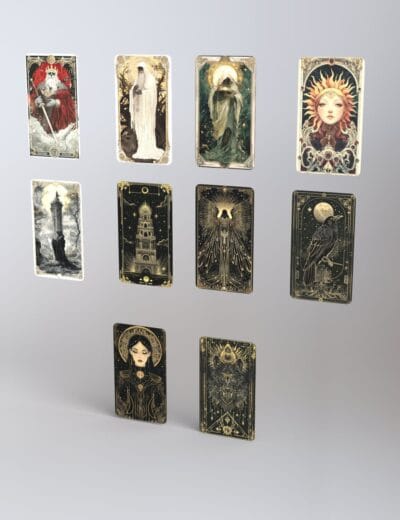 Elegant tarot card set featuring mystical illustrations, celestial themes, and detailed artwork, perfect for 3D Daz3D assets and fantasy design projects.