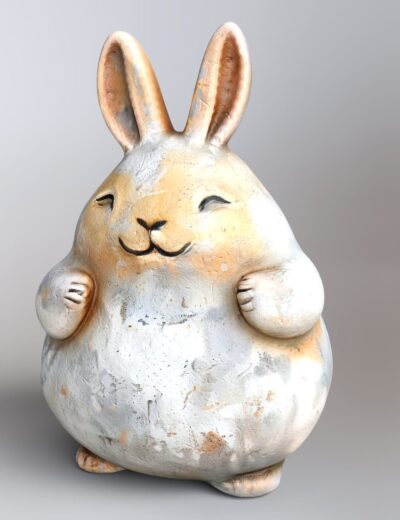 Colorful ceramic bunny sculpture with a joyful expression, detailed texture, and smooth finish, perfect for 3D assets in Daz3D and character modeling projects.