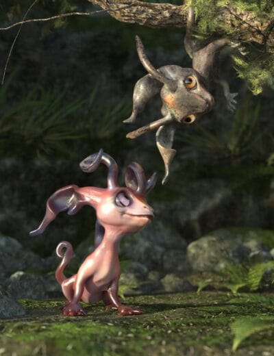 Colorful fantasy creature models with large expressive eyes, set in a lush forest environment, perfect for 3D assets, animation, and game development.
