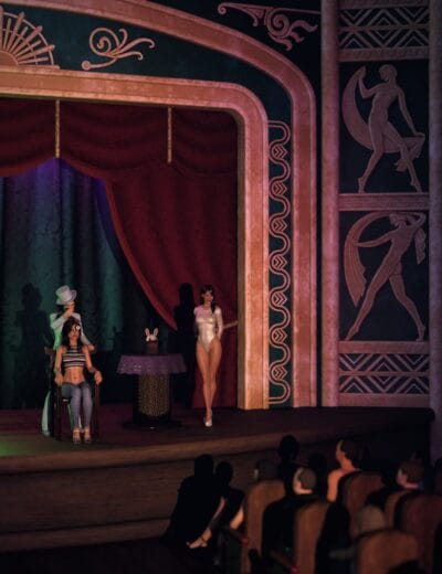 3D character scene featuring a magician in a top hat, a woman with bunny ears, and a showgirl performing on stage with elaborate Art Deco-inspired architecture, perfect for Daz3D renders.