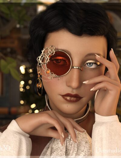 Elegant female character with steampunk-inspired eye patch, detailed makeup, and stylish attire, showcasing high-quality 3D assets from Daz3D, perfect for digital art and fantasy scene creation.