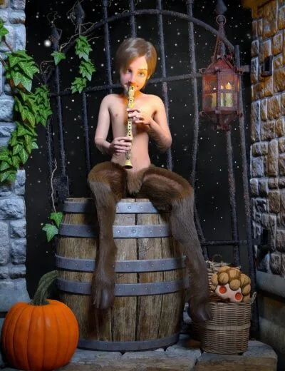 Young boy with animal fur pants sitting on a wooden barrel playing a flute in a fantasy outdoor scene.