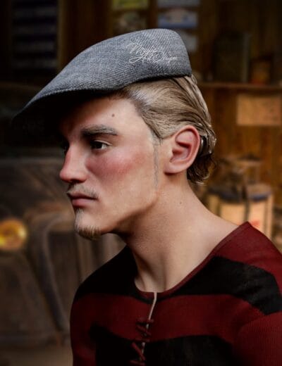 Detailed 3D rendered male character with realistic features, styled with a gray beret and striped shirt, set against a warm, wooden background showcasing high-quality Daz3D assets.