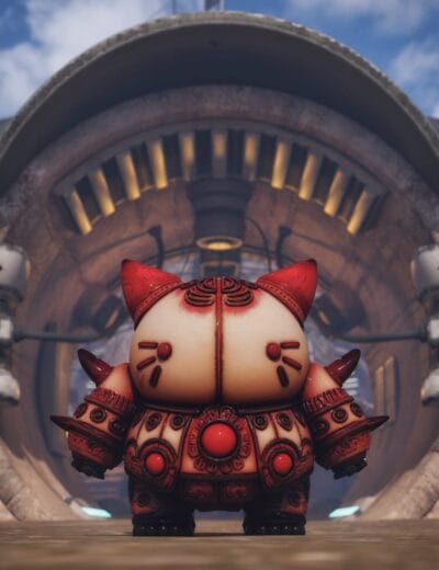 Cute maneki-neko figurine in detailed red and white armor, futuristic background, 3D model, fantasy, Japanese lucky cat statue, high-quality Daz3D assets for 3D art, virtual character design.