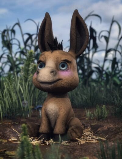 3D rendered cute bunny character with large blue eyes and big ears, sitting outdoors among grass and plants, showcasing high-quality Daz3D assets for animated and realistic characters.