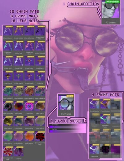 Floating chain jewelry and lens textures for Daz3D characters, with vibrant cross and frame mats, customizable style presets, and high-quality asset options for 3D modeling and design.