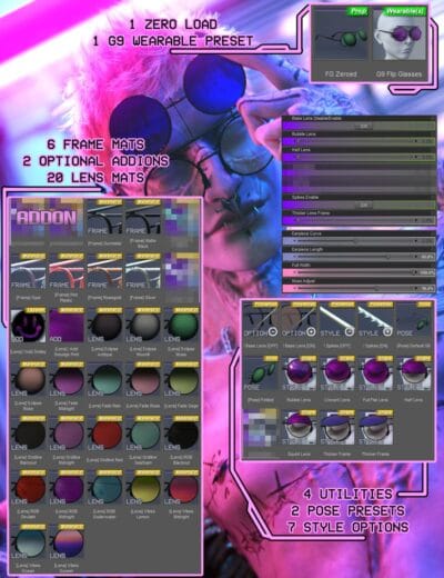 Bright pink and purple aesthetic with 3D glasses, lens textures, and customizable asset options for Daz3D character modeling and rendering.