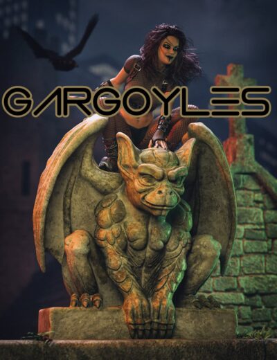 Gargoyle statue with a fierce expression, illuminated at night, featuring detailed textures and gothic architecture elements, ideal for 3D art projects and fantasy scene renders.